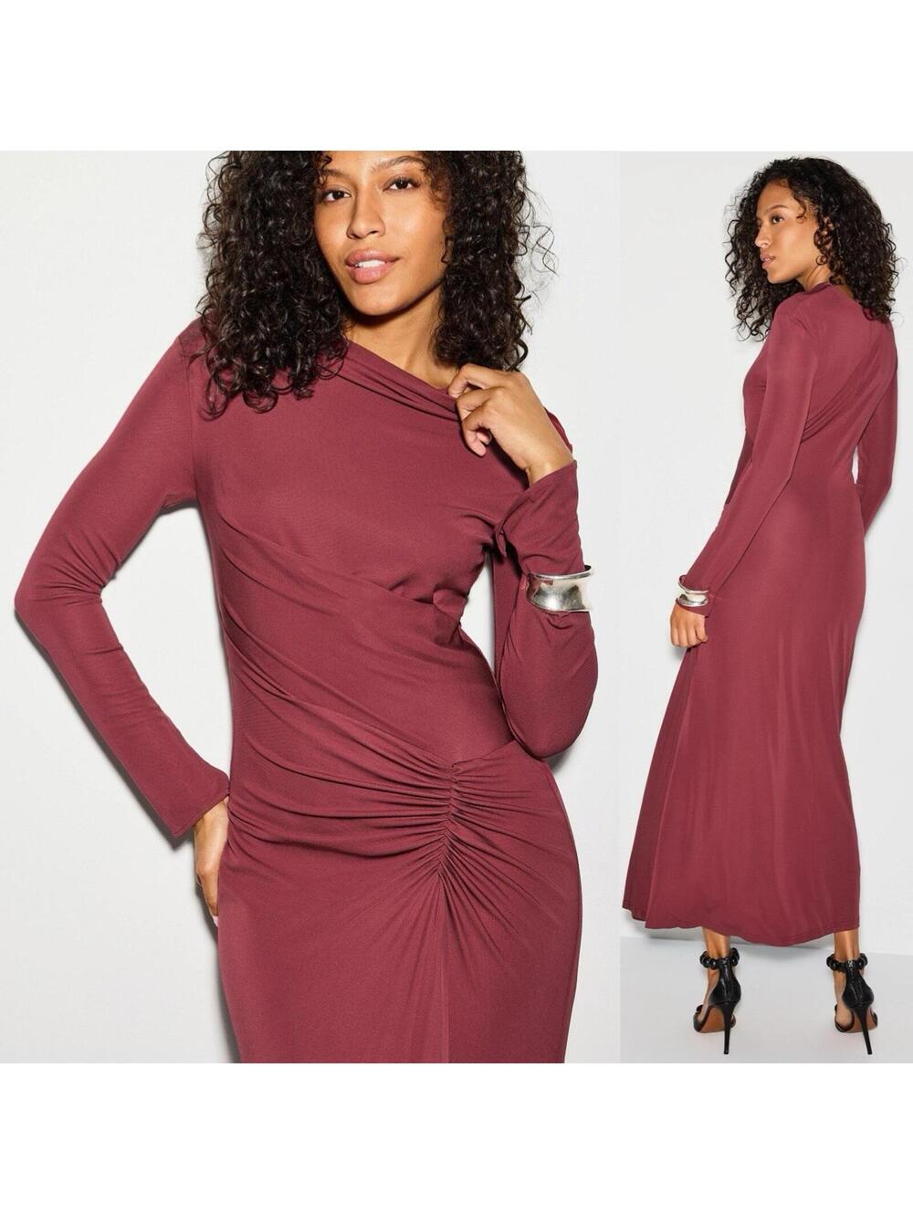 $645 SIMKHAI Stretchy 'Ferrera' Cranberry Midi Dress w/ Ruching (flawed) Sz 6